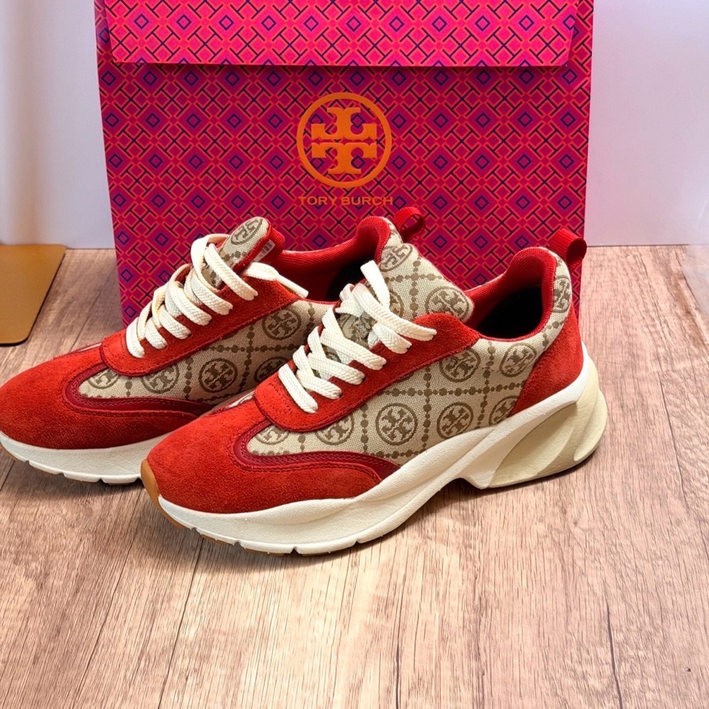 Tory Burch Red Suede and Beige Logo Platform Sneakers 8W